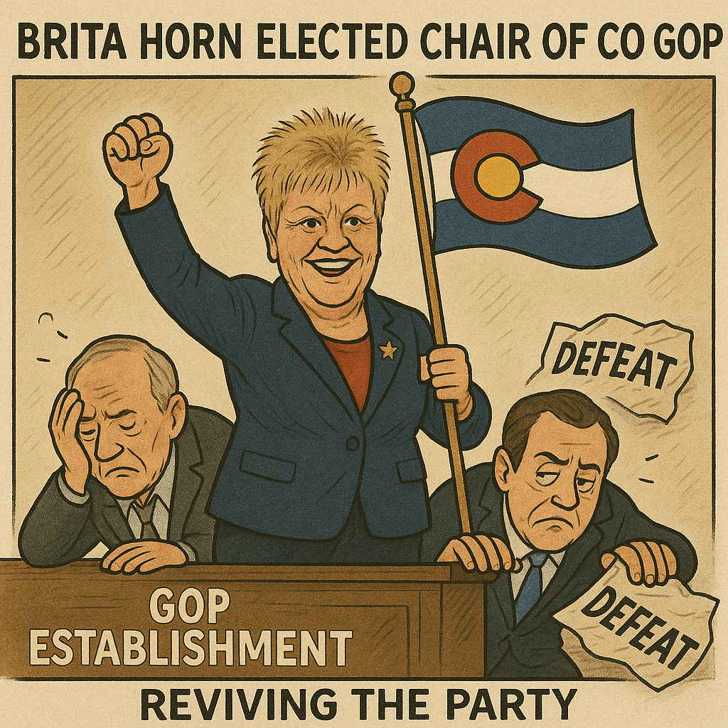 Political cartoon featuring the text "Brita Horn elected chair of CO" with humorous illustrations related to the election.